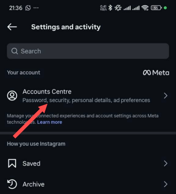 Step 2: Instagram Settings Menu